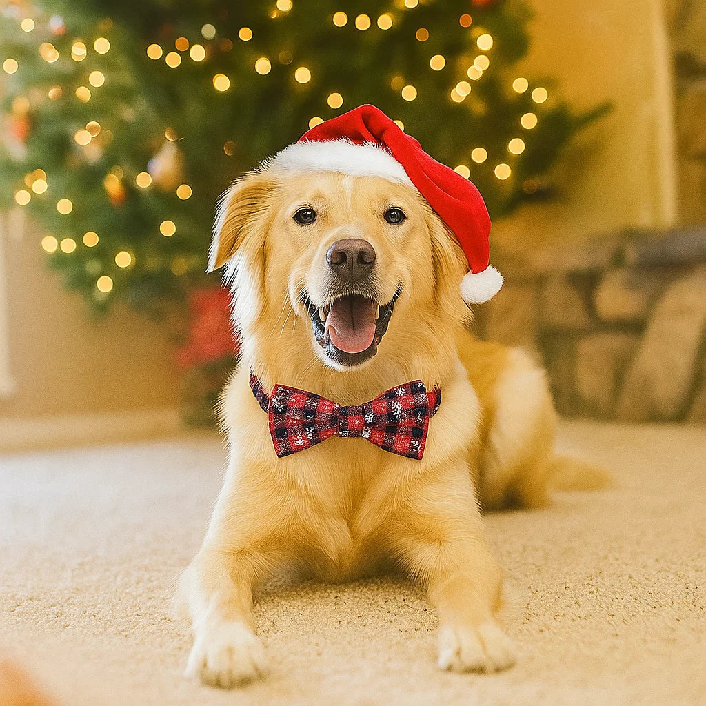 Pies w świątecznym ubranku z czapką Mikołaja – świąteczna sesja zdjęciowa pupila